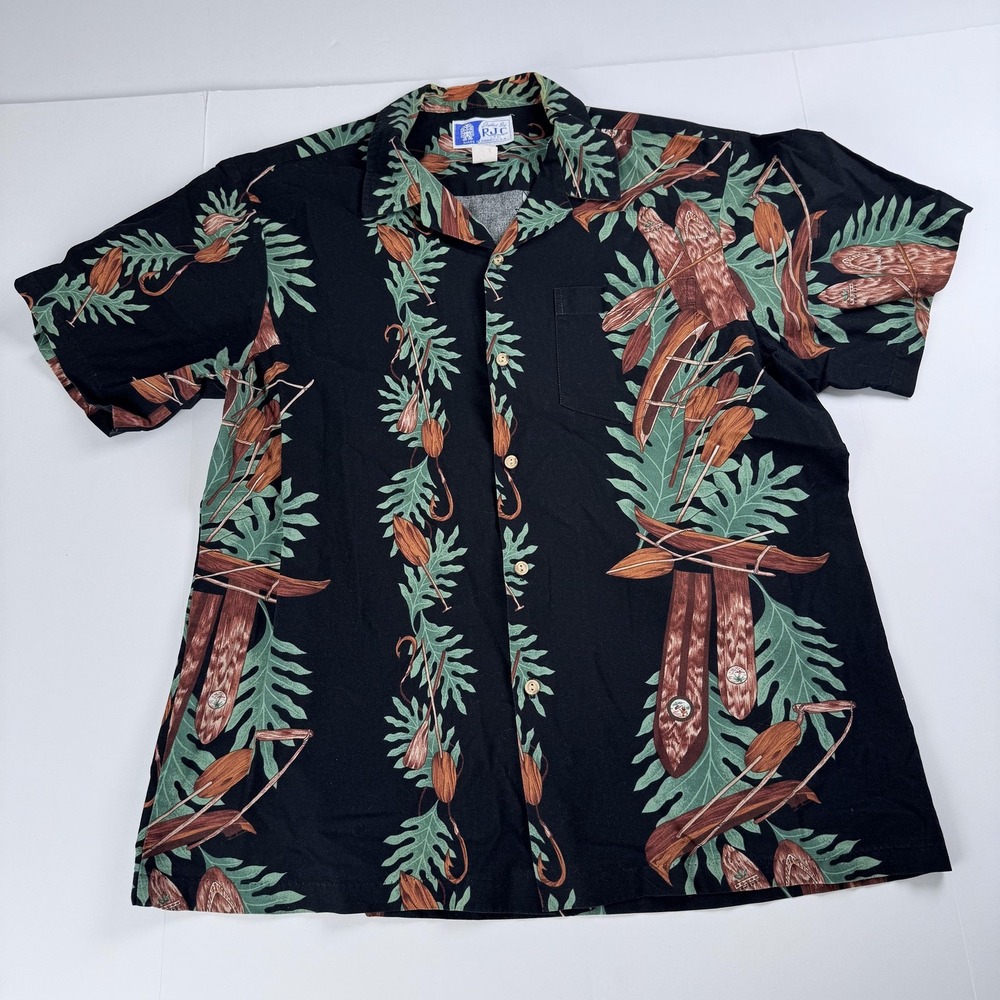 Vintage RJC Shirt Mens XL Black Hawaiian Aloha Canoe Paddle Print Made USA 90s